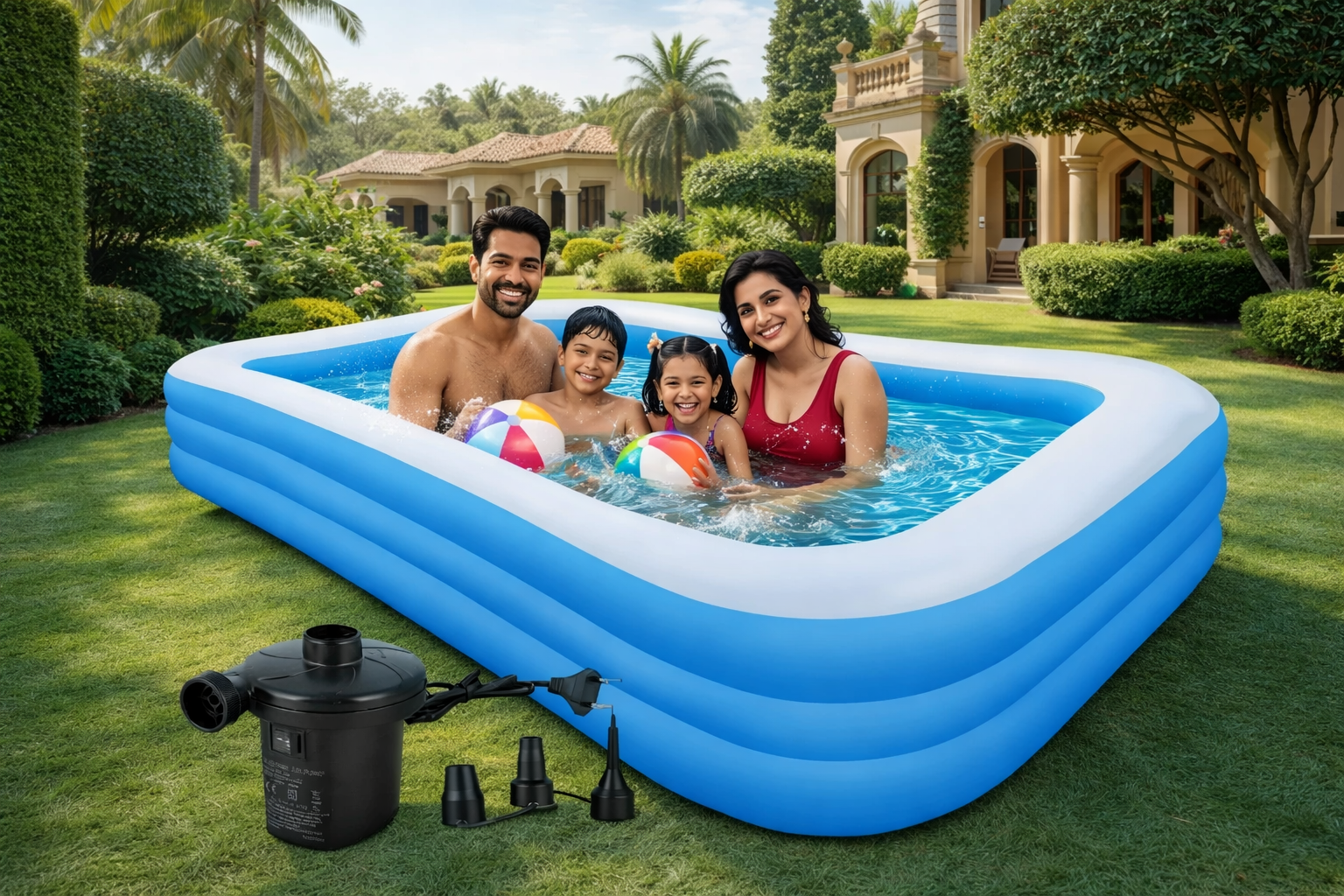 Zenvyra™ 10ft Rectangular Inflatable Pool – Family Size with Electric Pump | Backyard Summer Luxury for Kids & Adults
