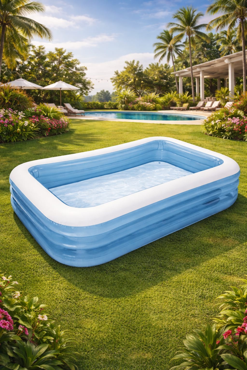 Zenvyra™ 10ft Rectangular Inflatable Pool – Family Size with Electric Pump | Backyard Summer Luxury for Kids & Adults
